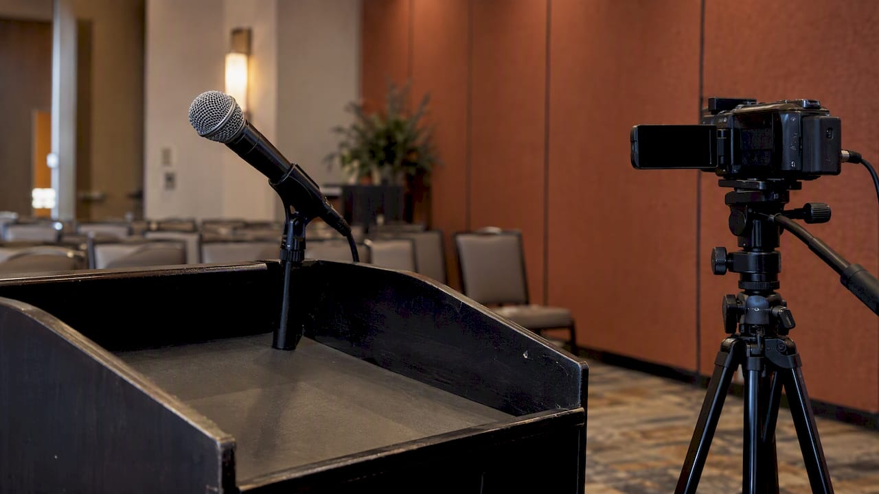 Microphone and camera set up before a conference