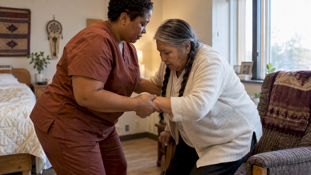 Nursing assistant helping an older resident stand