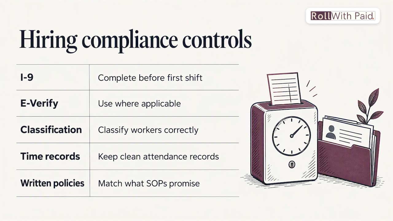 Five connected icons for employee compliance controls